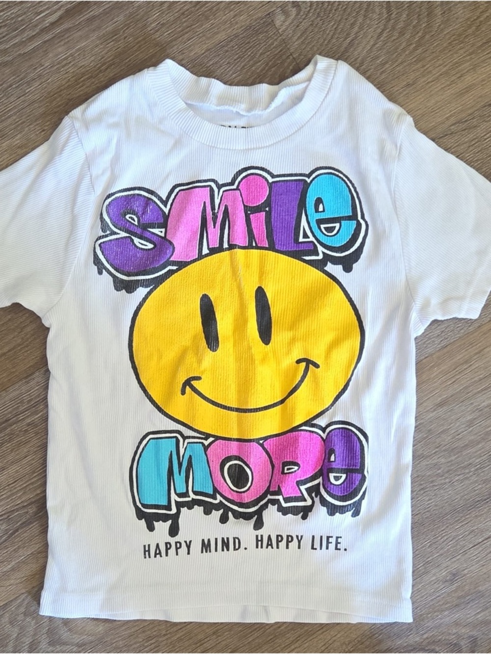 On Fire White Tee with Yellow Smiley and Colorful Graffiti Text